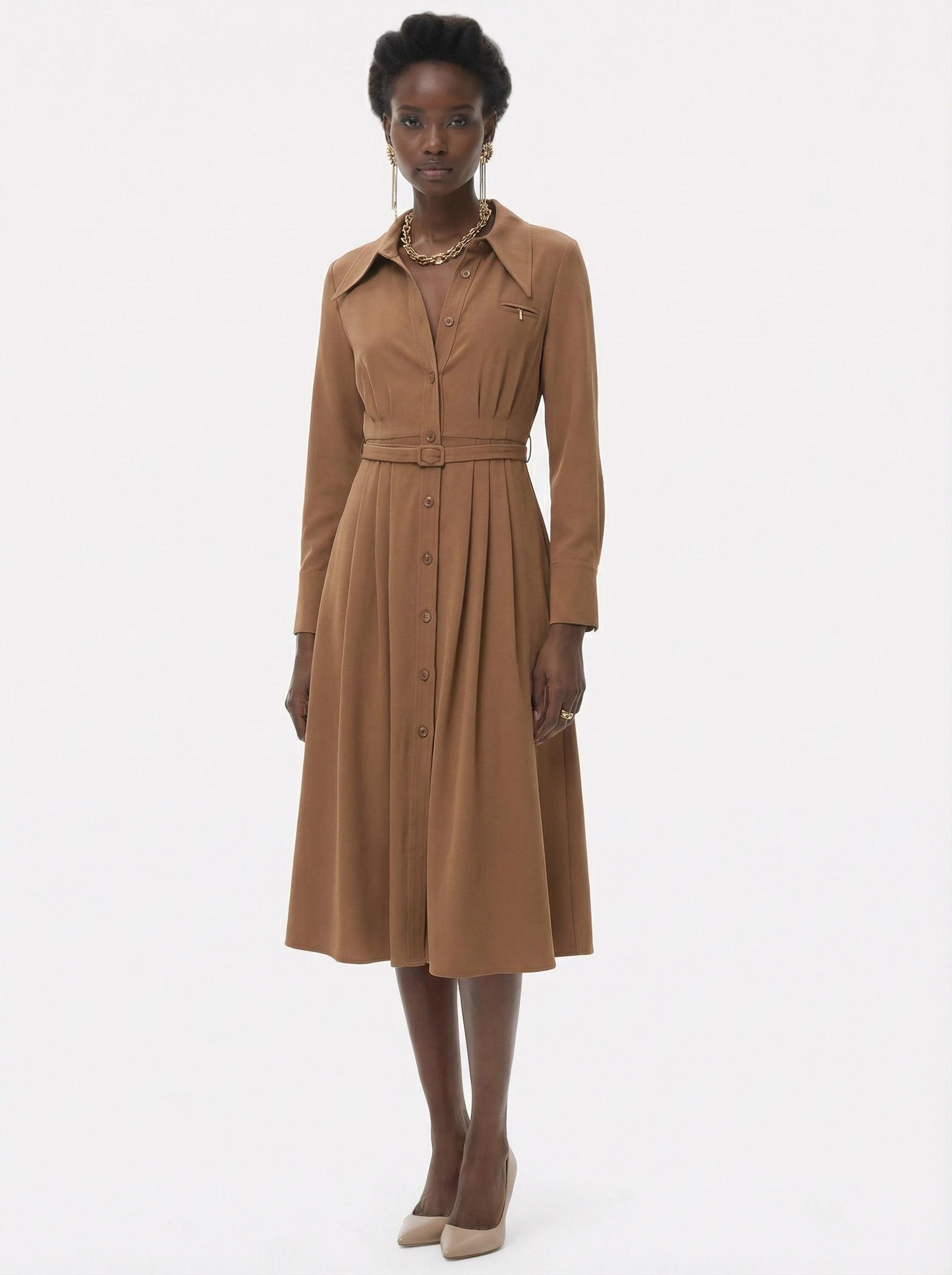 brown dress knee length Brown Cotton Linen Yoked Knee Length Shift Dress 26" / Tall (5'7" and above)